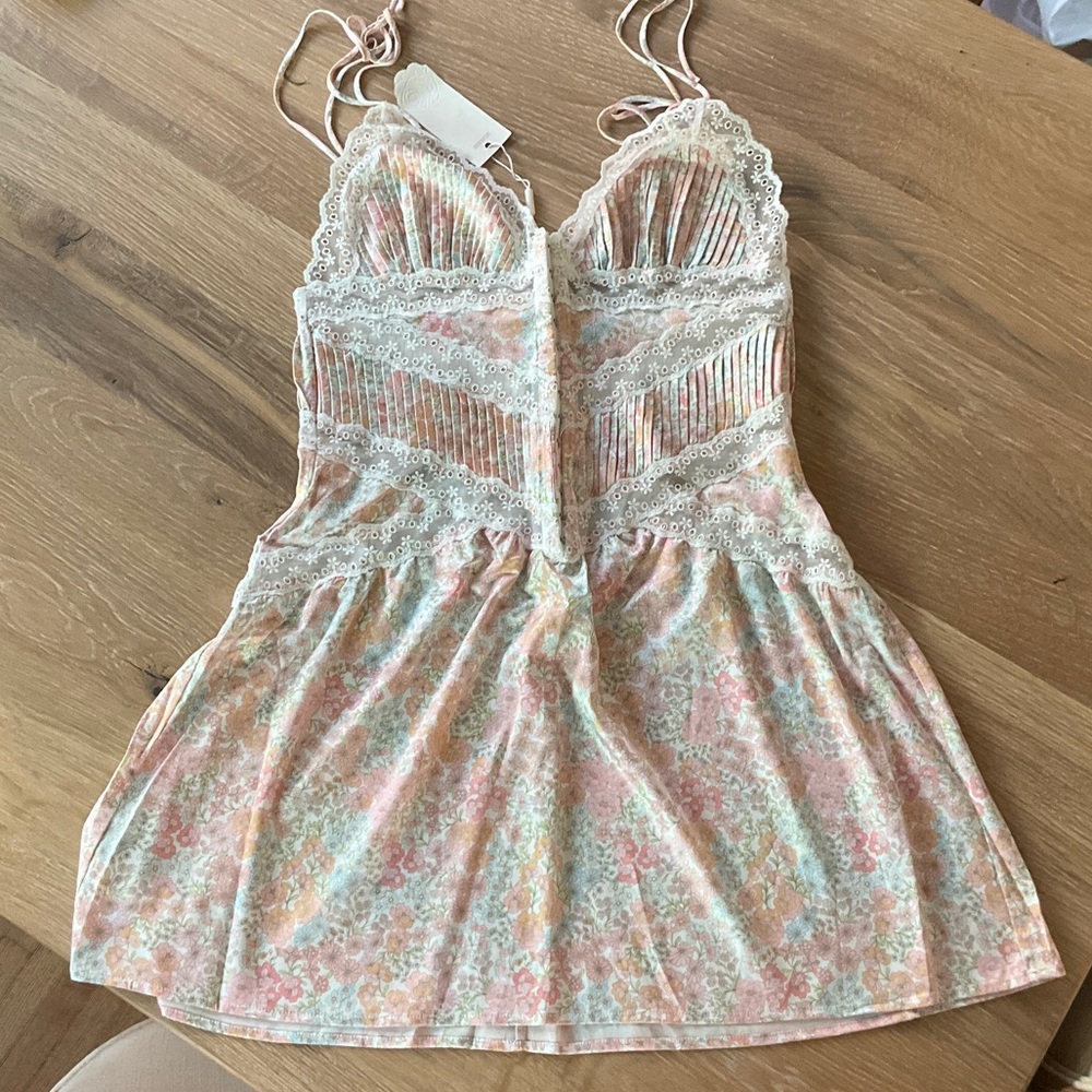 For Love & Lemons Floral Lace Trim Slip Dress